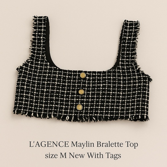 L'AGENCE Tops - L’AGENCE Maylin Tweed Bralette Top – Black/Ecru – NWT $325 – Size M